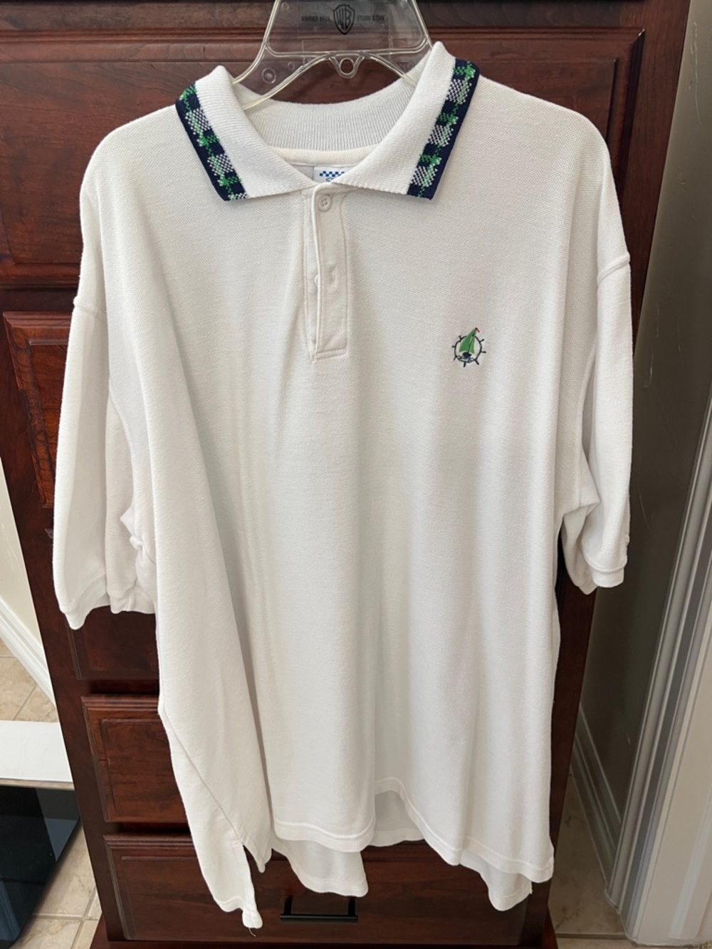 Kelly's Kids Men’s XL White Polo with Navy & Green Trimmed Collar Sailboat logo